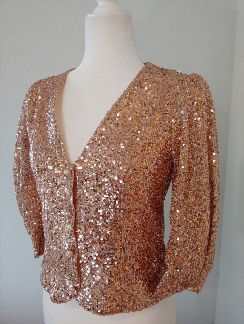 Maje Sequin Rose Gold Dress Top with Pearl Buttons size Euro 1 US 2 NWT
